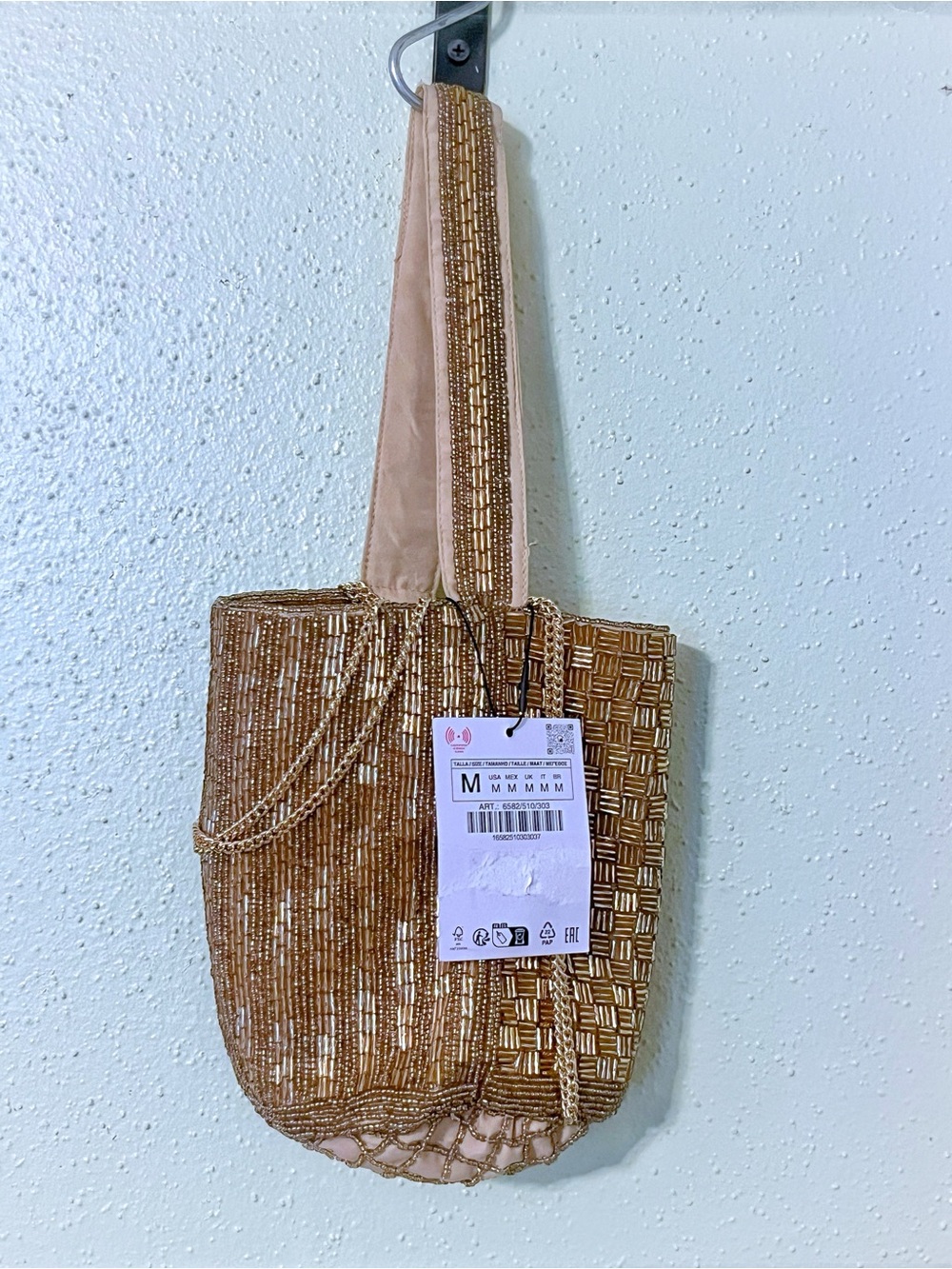 Zara NWT Gold Beaded Luxe Mini Bucket Bag Crossbody Chain Purse Wedding 6582/510 - Picture 3 of 5